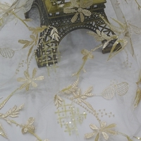 Tissu en dentelle polyester/métallique transparente perlée, brodé, tricoté, anti-bactérien, poids moyen, largeur 130 cm, accessoires