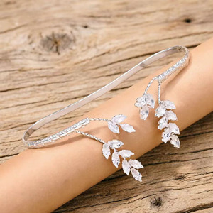 Marquise <b>Crystal</b> Leaf Palm Cuff <b>Bracelet</b> Gold Plated Luxury Wheat Branch Open Bangle For Women - Product Image 6
