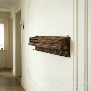 Wooden Wall Mounted Key And Mail Rack With <b>Hooks</b> For Living Room Storage Organizer Rectangle Shape 2 Layer <b>Shelf</b> - Product Image 3