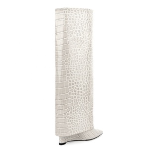 גודל 44 נשים אבן הדפסת הברך גבוהה מעצב נעלי טריז עקבים מקופלים כריש מגפי מנעול ירוק מחודד הבוהן כיסוי נעליים - Product Image 4