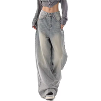 Haute Qualité Baggy Jambe Droite Étage Longueur Vintage Lavé Gris Singe Lavé Denim Pantalon Femmes Jeans