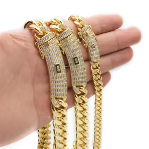 Colar hip-hop masculino 14k18k banhado a ouro com gancho curvo zircão em aço inoxidável, colar hip-hop mais vendido de 6-14 mm