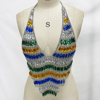 Haut Halter Multicolore 2026 pour Fête, avec Perles de Cristal, Paillettes, Col en V Profond, Strass Scintillants et Chaîne de Corps pour Festival