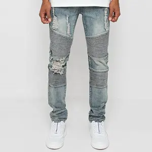 Herren Street Stone wash Distressed Stacked Ribbed Plissee Ripped Slim Skinny Biker Moto Jeans Jeans hose