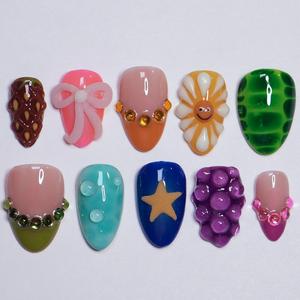 <span class=keywords><strong>Ongles</strong></span> press-on personnalisés faits main printemps-été, 10 pièces/ensemble, <span class=keywords><strong>dessin</strong></span>é à la main et accents de perles, faux <span class=keywords><strong>ongles</strong></span> amande réutilisables pour femmes - Product Image 6