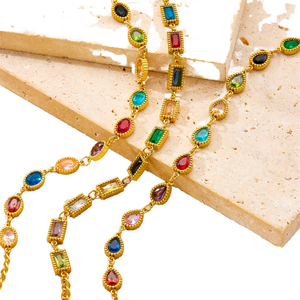 Stainless Steel Electroplated Fashion Colored Zircon <b>Chain</b> Bracelet with Oval Water Drop Square Design for Women - Product Image 1