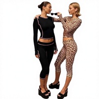 Ensemble de survêtements tendance printemps 2026 pour femmes, personnalisé, couleur unie, pantalon capri, ensemble décontracté léopard 2 pièces pour femmes
