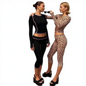 Ensemble de survêtements tendance printemps 2026 pour femmes, personnalisé, couleur unie, pantalon capri, ensemble décontracté léopard 2 pièces pour femmes - Product Image 2