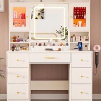 Coiffeuse blanche avec miroir LED et éclairage, design moderne, commode multifonctionnelle pour grande chambre