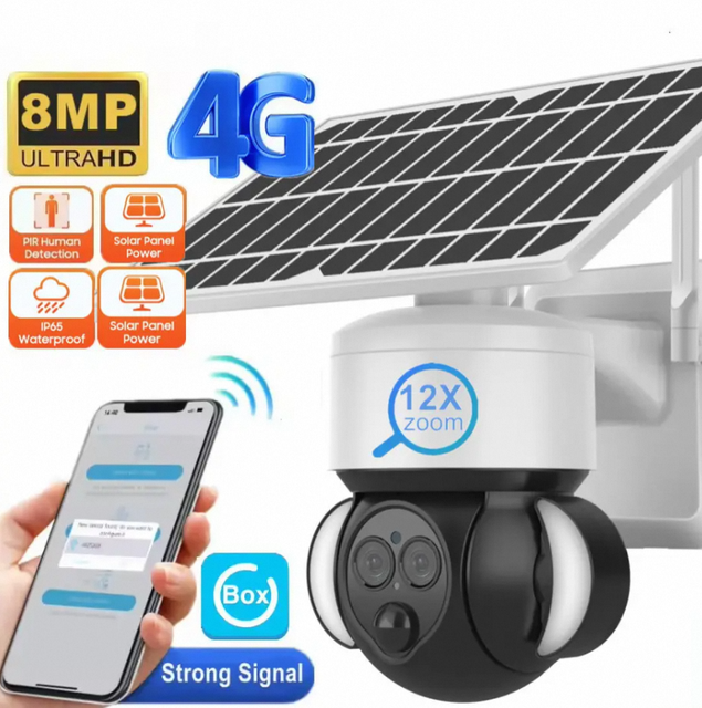 8W 8MP Solar Panel Security Camera 12X Zoom 4G SIM Dual Lens PIR WIFI Wide Angle Night Vision Two-Way Audio for Outdoor