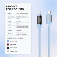 Cable de Carga Rápida USB C de 240W con Pantalla LED en Tiempo Real, 4 Colores Vibrantes, Trenzado, Sincronización de Datos de 480Mbps para Laptop/Viajes