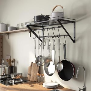 Online Shopping Wall Mounted Pan Holder Pot Rack with 12 Removable Hooks Iron <b>Kitchen</b> Storage <b>Shelf</b> for Cookware 50 kg Load - Product Image 5