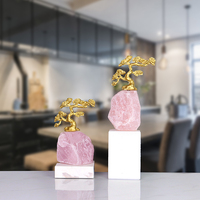 Sculpture d'arbre en quartz rose de luxe, art de bonsaï en métal doré, base en marbre, pierre de cristal rose, décoration pour la maison, le bureau, l'hôtel, usine OEM ODM