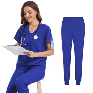 Women Scrub Set Blue V Neck Short Sleeve Top And Pants Moisture Wicking Hospital Uniform For Doctor Nurse Workwear - Product Image 4