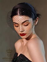QUEENSGOWN Voile court noir simple et élégant de style français avec bandeau de cheveux de mariée à couverture de visage perlée, accessoire de mariage très vendu