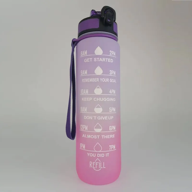 Hot Selling 32oz 1L BPA Free Time Marker Tritan Motivational Custom Logo Straw Tritan Sport Frosted Plastic Water Bottles