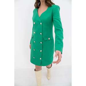 Vestido tipo chaqueta verde con cuello en V y botones dorados, cintura natural, tejido de tela, cómodo vestido de oficina. - Product Image 1