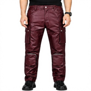 Pantalones Casuales de Cuero Genuino para Hombre, Color Borgoña, Corte Ajustado, Múltiples Bolsillos, Estilo Motociclista, Punk, Hip Hop, Tácticos - Product Image 2