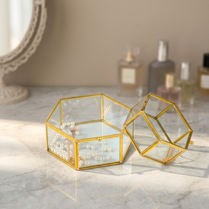 Metyaledge Geometric Metal Jewelry Box with Gold Frame Hexagonal Design for Pearls and Necklaces Storage Organizer - Product Image 1