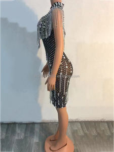 Déguisement scintillant sexy, en argent, décolleté plongeant en V, strass, extensible, bar, discothèque, chanteur, danse, compétition <span class=keywords><strong>de</strong></span> danse moderne, avec pompon - Product Image 2