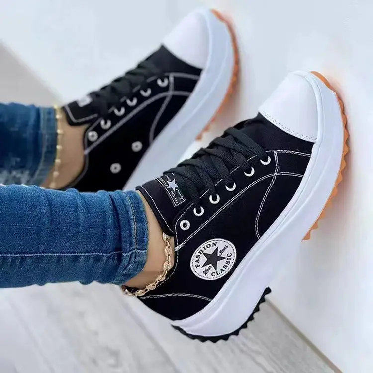 2023 New Low-Top Single Shoes Women'S Thick-Soled Canvas Shoes Women'S Canvas Spot Sponge Cake Bottom Large Size Women'S Shoes
