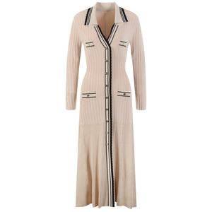 Robe élégante en coton à col en V pour femme, tricotée, à manches longues, moulante, avec boutons, pour le printemps et l'automne - Product Image 2