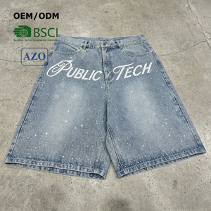 Private label Manufacturer Custom Screen Print Men's Baggy Straight Leg Vintage <b>Wash</b> Denim Shorts Rhinestone Streetwear Shorts - Product Image 1