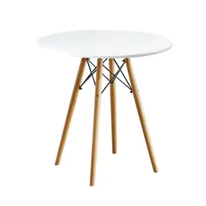 सफेद एमडीएफ टॉप डाइनिंग टेबल सेट के साथ लकड़ी के पैर वाली गोल डाइनिंग टेबल आधुनिक कॉफी टेबल हेबै थोक रेस्तरां होम फर्नीचर