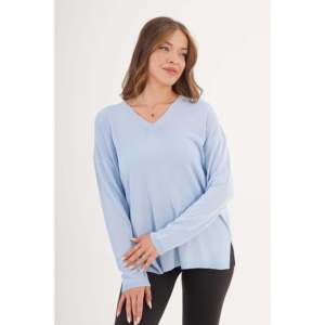 Suéter de Punto Azul Bebé al por Mayor, Estilo Vintage, Cuello en V, Abertura Lateral, Diseño Estampado Informal, Largo, para Mujer, Primavera e Invierno - Product Image 4