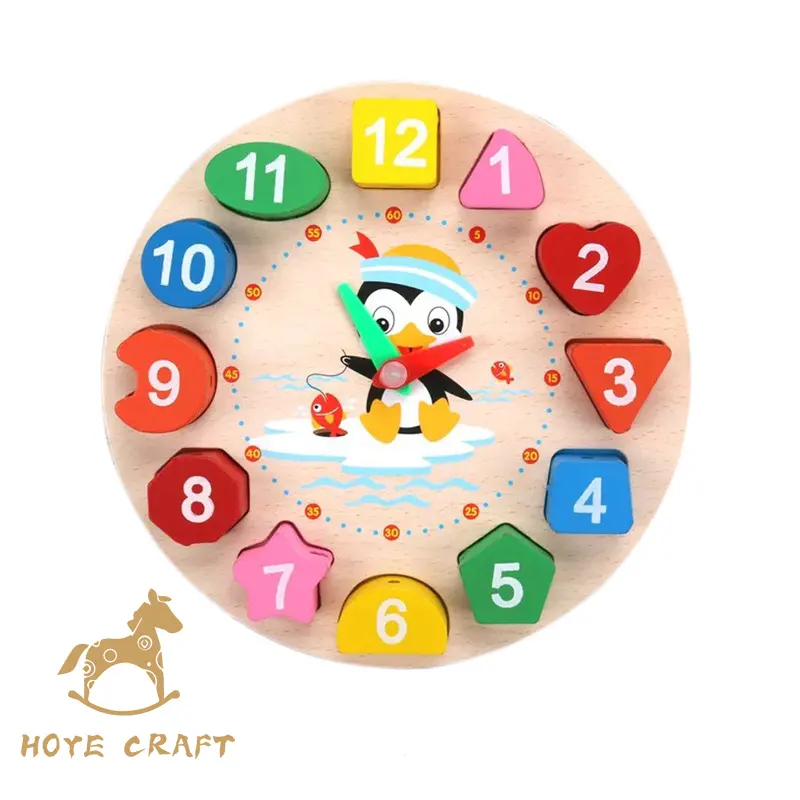 HOYE CRAFT Children's Rabbit Wooden Clock Toy Shape Matching Toy Building Blocks Time Teaching Toys