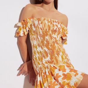 Wholesale Factory Fashion Resort Style Printed Pleated Off-shoulder <b>Dress</b> Custom Comfortable <b>Rayon</b> Mini <b>Dress</b> - Product Image 1