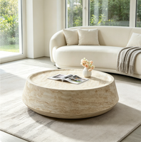 Ensemble de table basse ronde en travertin beige Wabi-sabi, table d'appoint sur piétement, table centrale minimaliste pour salon, meubles