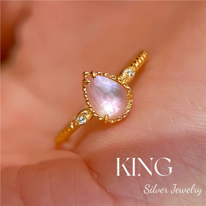 King Silver Jewelry Water Droplet <b>Ring</b> Pink Mother Of Pearl Gold Plated For Women - Product Image 1