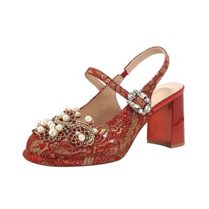 7222A-226 Zapatos de Tacón Alto con Lentejuelas para Boda, Punta Cuadrada, Tacón de Bloque, Correa al Tobillo, Adornados con Cuentas, Estilo Mary Jane, Tacón de 5cm-8cm, Ligeros - Product Image 5