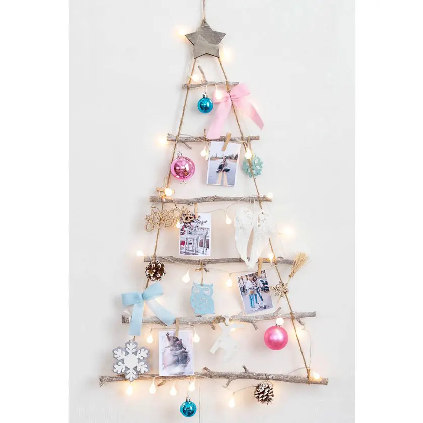 Wood Ladder Tree with Star Wall Hanging Twig Tree Christmas Decoration Wooden Hanging Ornaments