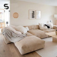Ensemble de canapé sectionnel double en velours côtelé de style Wabi-Sabi crème trois places Tofu Block Toast Design pour petits appartements et centres commerciaux