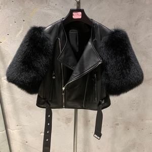 <strong>Women</strong> Genuine Sheep Leather Cropped Biker Jacket Natural Fox Fur Shoulder Decor Diagonal Zipper Belted Moto Outerwear - Product Image 6