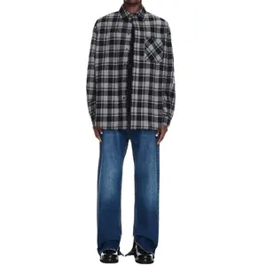 oversize fashionable casual loose fit printed plaid check black button long sleeve flannel shirts for men