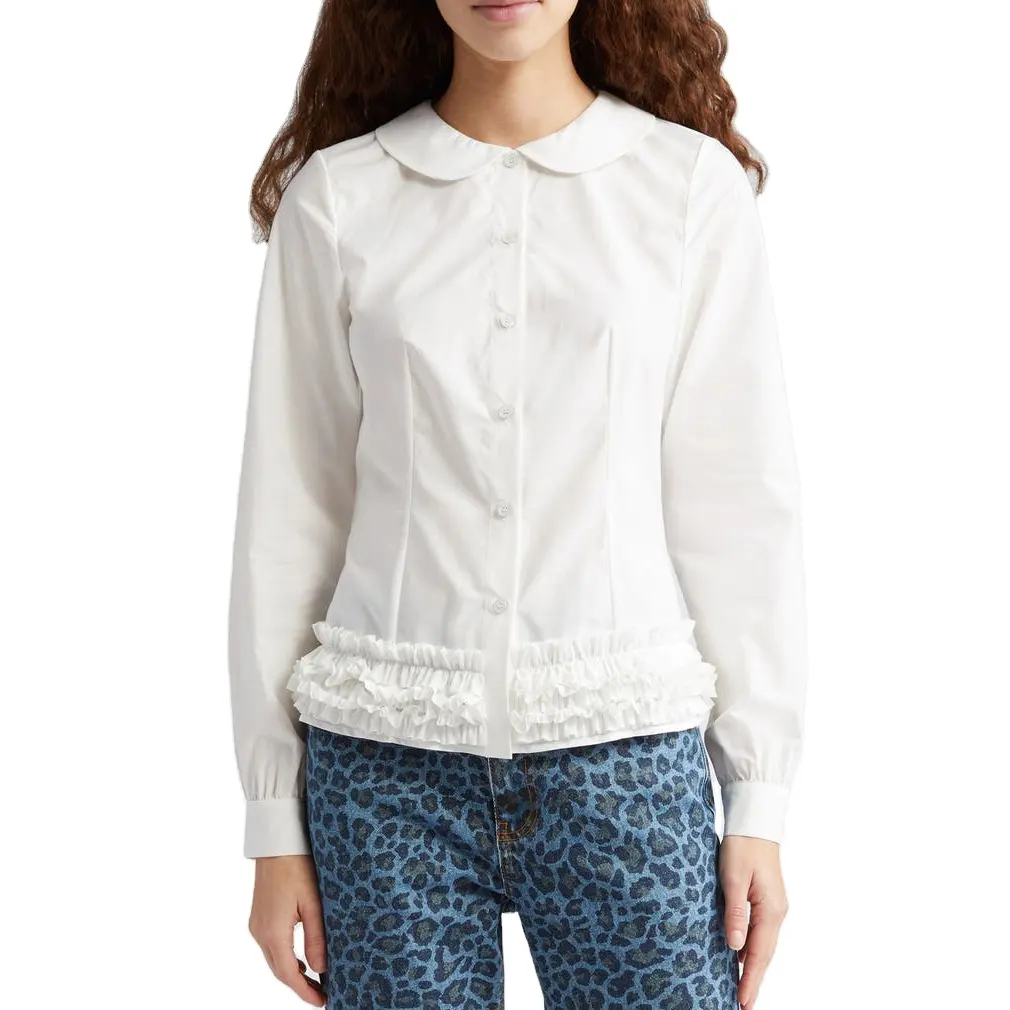 New Fashion Women Custom Ruffle Hem Cotton Button-Up Top Shirt Long Sleeve Peter Pan Collar Solid White Soft Cotton Blouse