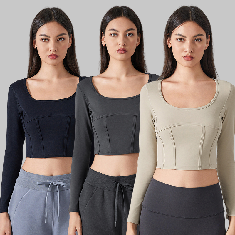 Custom Logo New Fishbone Tangential Square Collar Yoga Long Sleeve Women Naked Slimming Exercise Long Sleeve