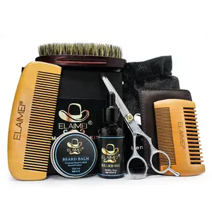 New Arrival 6 Items Bristle Brush Wooden Comb Beard Oil Kit Beard Grooming Kit for men