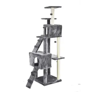 Grey Elegant Plush Kitten Wooden Houses Entertainment Scratching Post Tower Platform Cat Tree