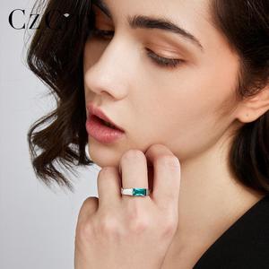 CZCITY Green Gemstone S925 Sterling <strong>Silver</strong> Jewelry <strong>Emerald</strong> Square Stone Big <strong>Ring</strong> for Women - Product Image 5