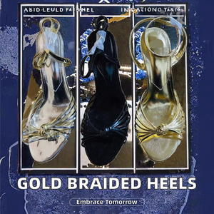 Nuevas Sandalias de Mujer con Tacón Ultra Alto, Punta Puntiaguda, Trenzado Dorado, Estilo Retro Francés, para Invierno y Verano, con un Botón - Product Image 2