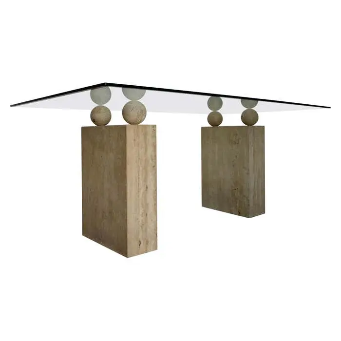 Mesa de comedor de travertino rectangular de piedra de mármol para comedor, mesa de comedor de vidrio y pedestal doble de travertino italiano posmoderno