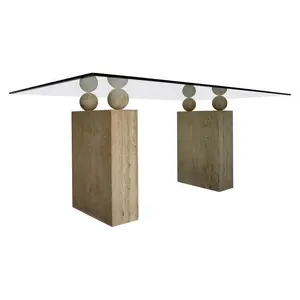 餐厅大理石石矩形石灰华餐桌后现代意大利石灰华双基座和玻璃餐桌