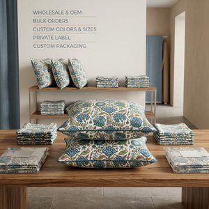 Fundas de Almohada Acolchadas con Estampado de Bloques 100% Algodón, 16x16 Pulgadas, Juego de 2, Venta al Por Mayor |   Cojín Decorativo Boho-Chic con Estampado Floral Azul Verde - Product Image 4