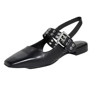 Sandales plates à bout carré fermé en <span class=keywords><strong>cuir</strong></span> PU nude d'été en gros, avec boucle et semelle intercalaire en gel, tongs pour femmes - Product Image 5