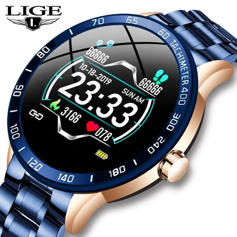 LIGE BW0122 çelik bant akıllı saat erkekler kalp hızı kan basıncı monitörü IP67 spor İşlevli Smartwatch bileklik Reloj kutusu
