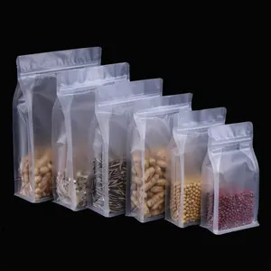 पारदर्शी मैट स्पष्ट ziplock पैकेजिंग बैग के लिए फ्लैट नीचे की ओर कली थैली अनाज चावल गेहूं सेम खाद्य कटौती छेद के साथ संभाल